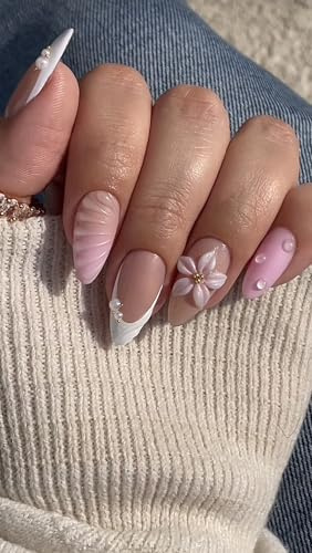 Faux Ongles Court MouyouGlow,Amande Blanc French 3D Bubble Fleurs Florales Plage Vagues Water Rib Perle Press on Nails avec Colle à Ongles,White Tips Flowers Y2k Fake Nails