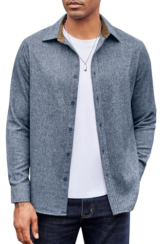 COOFANDY Camisa para Hombre de Franela de Pana de Algodón de Manga Larga Camisa Informal Elástica de Corte Regular Azul XL