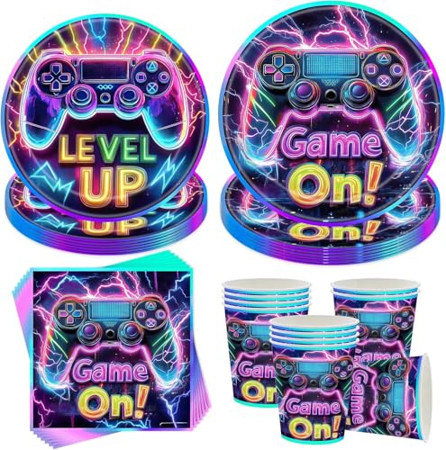50 Stück Gaming Geburtstag Geschirr Set,Game Pappteller Kindergeburtstag Deko Junge,Videospiel Party Geschirrset Geburtstag mit Teller Becher Servietten,Party Geschirr für 10 Gäste
