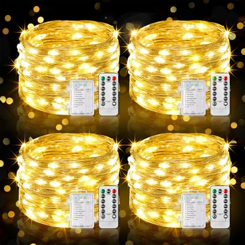 GEARLITE Lichterkette Außen Batterie, 4x10M 100 LED Mini Lichterkette mit Batterien Fernbedienung Timer Warmweiß, 8 Modi Kleine Lichterketten Innen Wasserdicht für Party Deko, weihnachtsdeko, Balkon