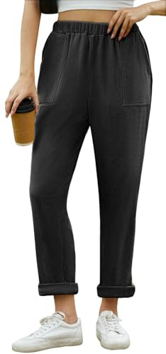 CheChury Pantalon Femme Velours Côtelé Elastique Taille Haute Décontractés Chic et Elegant Taille élastique Pantalon Jambe Droit Palazzo Pants avec Grande Poche Automne Hiver,Noir,L