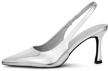 GENSHUO Élégants Escarpins Femme à Talon de 11 cm avec Bride Slingback, Bout Pointu, Talon Kitten Chic et Moderne, Argent Verni, 41 EU