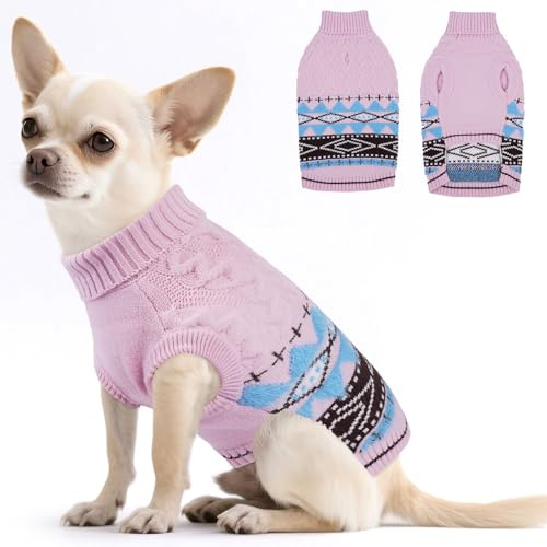 Hjumarayan Hundepullover Kleine Hunde - Fair Isle Pullover Hund mit Geschirr Öffnung, Warme Weihnachtspullover Elastisch Hundepulli Winter Sweater für Malteser Zwergpudel, Rosa S