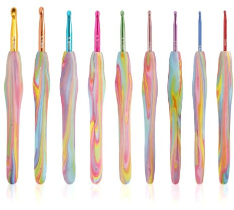 Häkelnadel Set, 9 Stück Regenbogen Häkelnadel mit Softgriff, Aluminium Häkelnadeln Stricknadeln für Anfänger Und Erfahrene Häkelliebhaber(9 Größen)