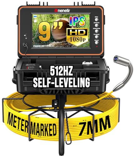 Dnenellr Cámara de Inspección de Tuberías con Sonda 512Hz, Cable Grueso 7MM, Auto-Nivelación 1080P, Pantalla IPS HD de 9, DVR 32GB, Batería 5100mAh, Impermeable IP68 (50M)