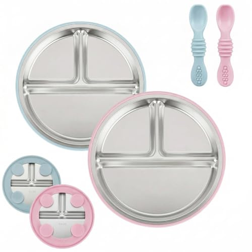 PandaEar Pack De 2 Platos De Acero Inoxidable Para Bebé Con Ventosa Y 2 Cucharas, Set De Alimentación Para Bebés Y Niños Pequeños, Platos Divididos Para BLW, Sin BPA (Rosa/Azul)