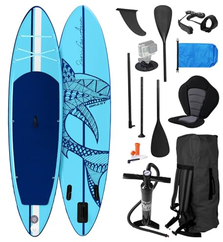 BRAST SUP Board Shark | Aufblasbares Stand up Paddle Set | 320x81x15cm | 8 Designs | 5 Jahre Garantie | inkl. Sonderzubehör | 2in1 Paddel Kajak-Sitz Action-Cam-Halterung Fußschlaufe Pumpe Rucksack