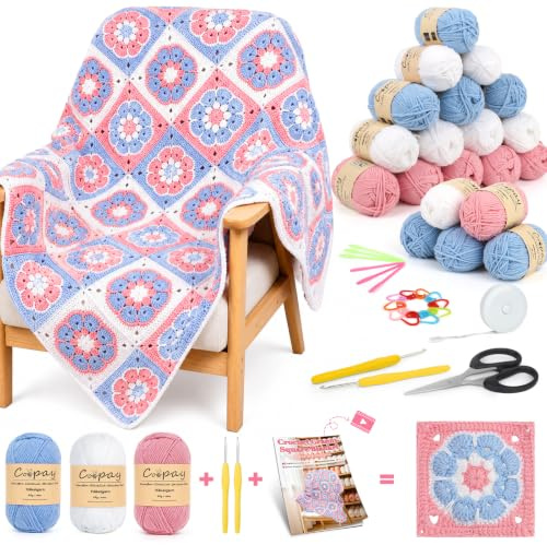 Coopay Granny Square - Juego de ganchillo para principiantes profesionales, juego completo de ganchillo para manta de ganchillo, juego de ganchillo con hilo de ganchillo, instrucciones (idioma español