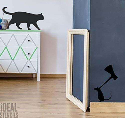 Ideal Stencils Katze & Maus mit Axt Schablone | Wanddekoration | Farbe Wände Stoff und Möbel | Innen Aussen - halb transparent Schablone, Size 2 (Life size) See Images