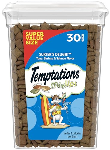 Temptations Cat Treats MixUps Surfer's Delight, Tuna, Shrimp, Salmon Flavor, Crunchy and Soft Cat Treats, 30 oz. Tub