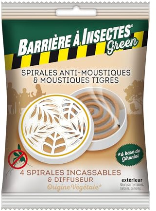 BARRIERE A INSECTES Green Anti-moustiques à Base de géraniol et boîtier décoratif-Sachet de 4 Spirales + 1 diffuseur, Nicht Zutreffend | Diffuseur décoratif. Spirales incassables composés d’herbes et de bois compressés. Actif d’origine végétale : Géraniol.