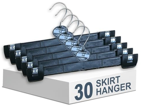 Skirt Hangers Trouser Hanger Multi Pack Black Plastic Dress Shorts Hanger with Non-Slip Big Clips Space Saving and 360 Rotatable Hook (Black) (30)