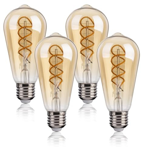 FLSNT E27 LED Warmweiss Ersetzt 40W, ST58 Retro LED Spiral Filament Glühbirne E27 Vintage, 4W Edison Vintage Glühbirne, 250LM Leuchtmittel 2200K Warmweiss, nicht dimmbar, CRI90, 4 Stück
