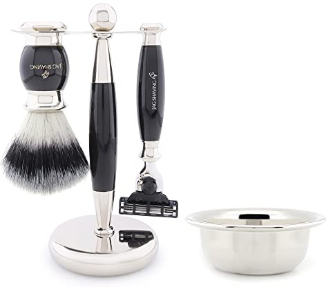 Jag Shaving Rasierset - 4-teiliges Rasierset - JAG's LEE Range - Synthetik Silberspitzhaar Rasierpinsel - 3 Kante Rasierklingen Rasierhobel - Rasierschale - Rasierständer - Schwarz Geschenkset