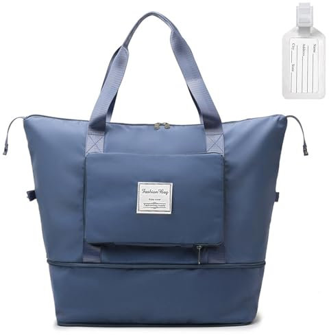 flintronic Reisetasche Damen, Faltbare Reisetasche, Sporttasche, Handgepäck Tasche, Wasserdicht Travel Bag Duffle Bag, Trainingstasche, Handtasche für Sport & Reisen (Mit 1 Gepäckanhänger)-Blau