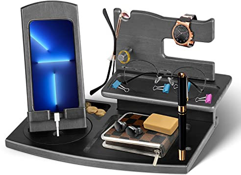 Festa del Papa Idee Regalo Uomo Docking Station in legno per smartphone Supporto portafoglio Supporto orologio Regalo Uomo Compleanno,Regalo Anniversario per Lui/Lei, Regalo Papa Festa del Papà