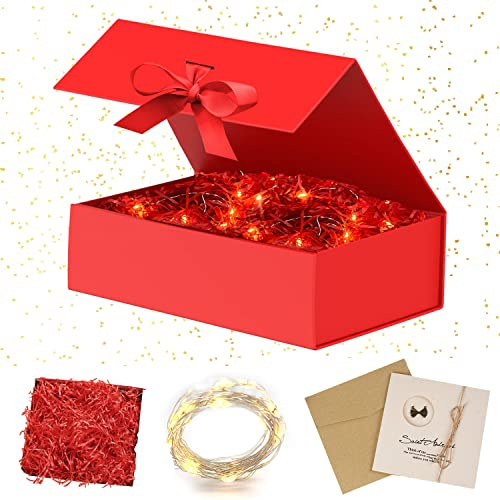 Geschenkbox mit Deckel, Geschenkbox mit Schleifen, Faltbare Geschenkboxs | Geschenkkarton mit Magnetisch, Grußkarten, Raffia Hamper Shreds, LED-Lichterkette, für Hochzeit Geburtstag Weihnachten