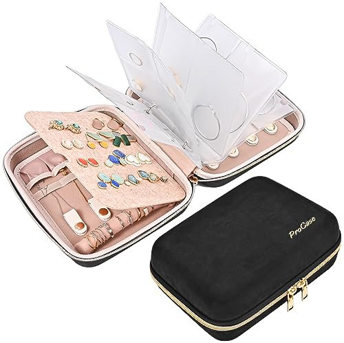 ProCase Schmuckkästchen Reise Harte Schmuckaufbewahrung Schmuckbeutel Buch mit Transparente Tasche und Reißverschlüsse, Schmuck Organizer Damen für Ohrringe Halsketten Armbänder Organizer - M, Schwarz