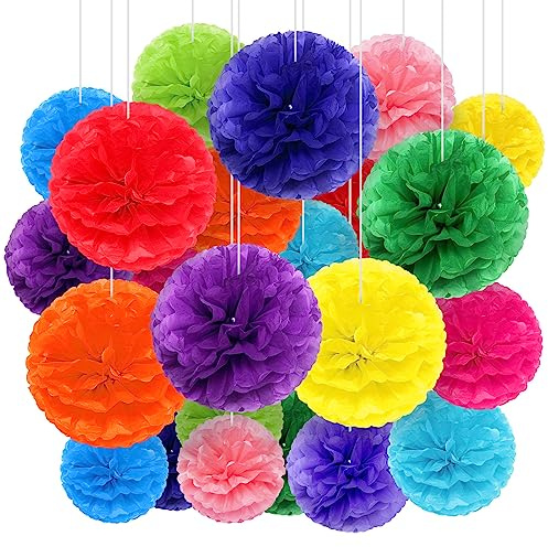 Yeaqee 30 Pcs Multicolor Large Tissue Paper Pom Poms Decorations 14''/ 12''/ 10'' Tissue Paper Flowers Large Hanging Rainbow Wall Decor for Fiesta Birthday Party Baby Shower Wedding Celebration