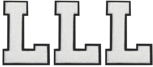 QUARKZMAN Chenille Buchstaben L Patches Große Größe 4-1/2 Zoll Bügelbuchstaben L Patches Schwarz Glitzer Bestickte Patches für Kleidung, Schuhe, Hüte, Rucksäcke Packung mit 3 (Weiß)