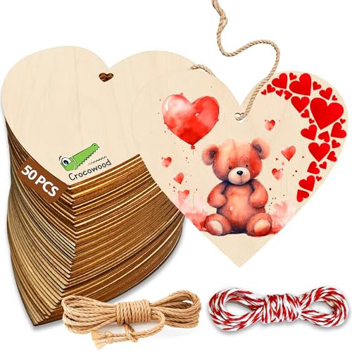 50 PCs Large Wooden Hearts 10cm - Bulk Set Wood Heart for Crafts - Wood Heart Hanging with String - Unfinished Blank Wooden Hearts Crafting Decorations for Weddings & DIY