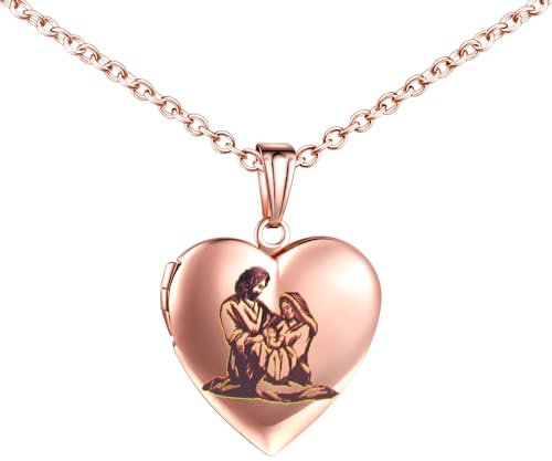 MICMIF Halskette Herz Medaillon mit Heilige Familie Maria, Josef und Jesus, Religiöse Medaille Amulett Halskette für Bild Foto Personalisiert, Edelstahl Bilder Medaillon Schmuck für Damen Mädchen