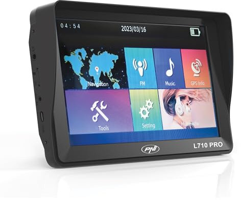 Sistema di navigazione GPS PNI L710 PRO con visiera parasole, 7 pollici, 800 MHz, 256 MB DDR, memoria interna da 16 GB, trasmettitore FM, con due caricatori per auto inclusi