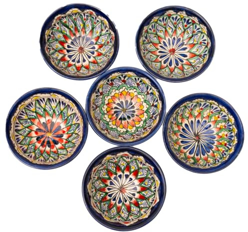 PODARI 6 Keramikschalen 200 ml Piyola klein handgefertigt Machrob - Usbekischer Schälchen mit handbemaltem Design | Teetasse | Schale Bunt Keramik | Dipschälchen (Machrob (Klein))