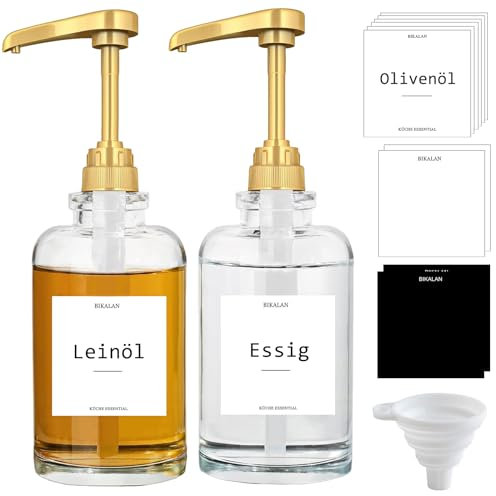 BIKALAN Kaffee Sirup Spender Glas Set, Ölflaschen Ölspender Kaffeesirup Pumpspender für Küche Coffee Bar, Sirup Pumpspender Kaffeesirupspender mit 22 Aufkleber, Trichter, 17 oz 500 ml, 2 Packung