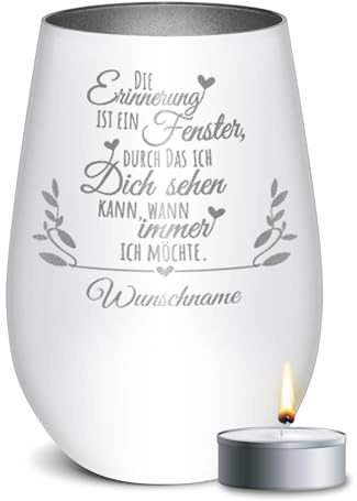 PR Print Royal Trauer Windlicht mit Gravur - Die Erinnerung - mit Name gravieren - Trauergeschenk, Gedenklicht, Geschenke für Trauernde | inkl. Teelicht, 450 ml, Weiß/Silber