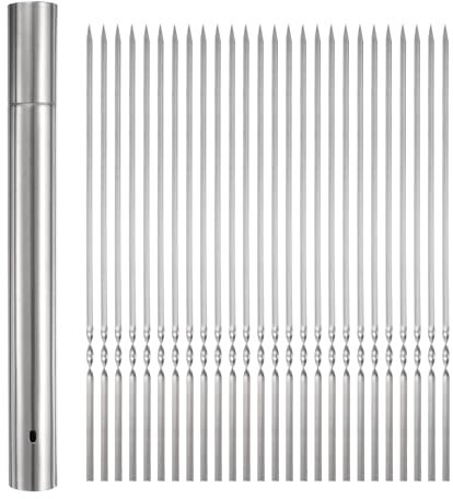QUARKZMAN 100 unidades de Brochetas de Metal para Barbacoa 35cm x 3.5mm Palitos Planos de Acero Inoxidable Reutilizables para Barbacoa al Aire Libre con Tubo de Almacenamiento