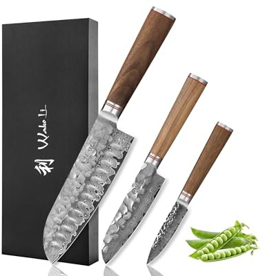 Wakoli Nussbaum 3er Messerset, Santoku & Officemesser, 67 Lagen Damaststahl | Küchenmesser-Set mit VG10-Kern, Nussbaumholzgriffen & Hammerschlag; V-Schliff 15° je Seite, 60±2 HRC, verpackt in Geschenkbox