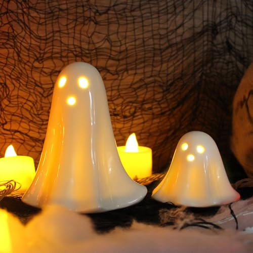 ACAREY Halloween Deko Keramik Geist Laterne 2 Stück Herbst Dekoration Geist Beleuchtet Halloween Deko Geist Lampe Für Erntedankfest Halloween Kostüm Requisiten Tischdeko Innen Party Deko