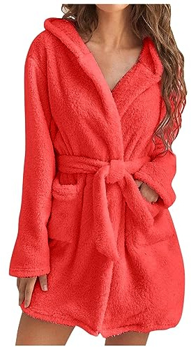 UHouse Bademantel Damen Kurz mit Kapuze Oversized Morgenmantel Leicht Frottee Saunamantel Flauschig Loungewear Fleece Hausmantel Kimono Bathrobe Herbst Winter Wassermelone Rot S