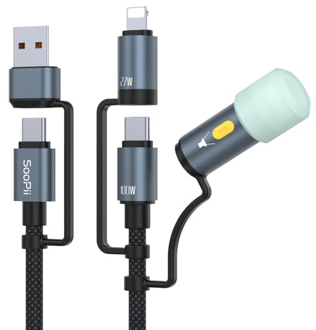 SooPii 100W 5A Multi USB-C Ladekabel mit LED Licht für Camping, 5-in-1 C/A-zu-C/IP-Schnellladekabel, Nylon-geflochtenes Typ-C-Kabel für Telefone, Tablets, Laptops und mehr (Schwarz,1.2M)