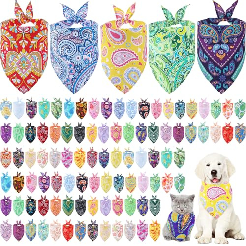 Sanwuta 100 Pcs Paisley Dog Bandana Bulk Pet Triangle Scarf Bibs Bandanas for Dogs Washable Puppy Kerchief Adjustable Grooming Supplies for Small Medium Large Seasonal Cat Costume Accessories