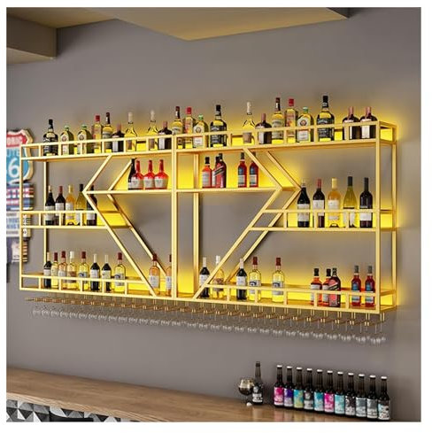Schwebendes Weinregal, Wandmontage, mit LED-Licht, Likörflaschen-Display, Regal, modernes Barregal mit Glashalter, Metall-Weinhalter für Zuhause, Bar, Dekor, Gold, Gelb, Weinschrank für Küche,