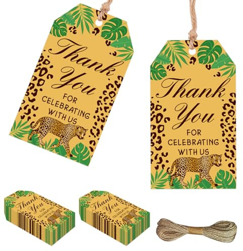 Jollyboom Geparden-Geburtstagsdekoration, 50 Stück, Leopardenmuster, Dankeschön, für die Feier mit uns, Geschenkanhänger, brauner Namen, Goodie-Tag für Geparden-Druck, Wald, wilder Zoo, Dschungel,