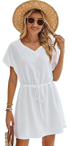 Vossmi Vestido de Playa Mujer Manga Corta Playa Traje de Baño Suelto Cuello en V Cover Up Casual Cordón en La Cintura Ropa de Playa Chiffon Ropa de Playa,Blanco