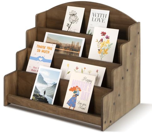 PUERSI Espositore per cartoline - Espositore legno a 4 ripiani per negozi al dettaglio, venditori di biglietti di auguri, adesivi e cancelleria, porta cartoline, marrone