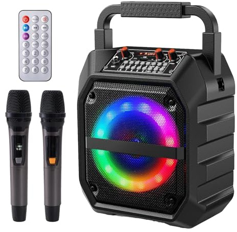 INMOZATA Máquina de karaoke con dos micrófonos inalámbricos, máquina de karaoke portátil para adultos y niños, altavoz Bluetooth portátil con sistema PA, luces LED, soporta tarjeta TF/USB, entrada AUX