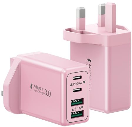 2-Pack USB C Plug Fast Charge, 40W 4-Port USB C Charger Plug UK Dual Type C PD Power Adapter+QC USB Wall Plug, Multi Charging Plug for iPhone 17 16 15 14 13 12 11 Pro Max Plus, Samsung, Google Pixel