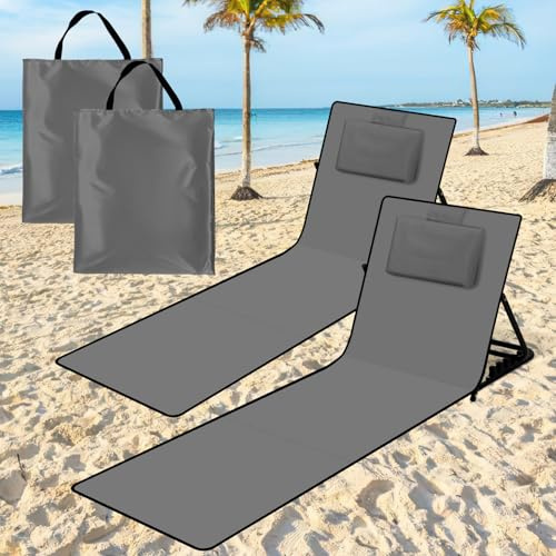 Tubiaz Strandmatte Faltbar 2X, 158CM Strandliege Klappbarer Beachmatte, 5-stufig Verstellbar Rückenlehne, mit Kopfkissen und Staufach, Tragbar Sonnenliege Strand, Liegestuhl für Camping, Grau
