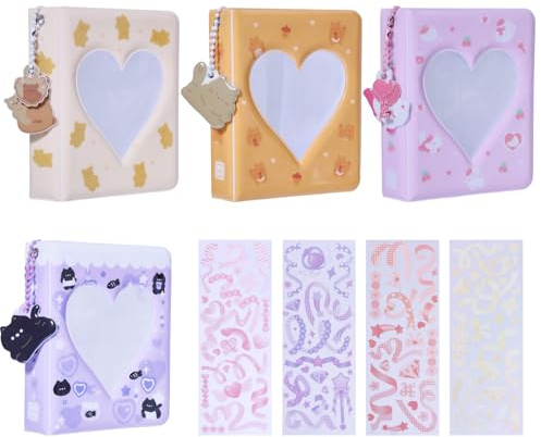 GLOBLELAND 4 Sets 4x3 Inch Mini Photo Album Love Heart Hollow Photocard Binder 36 Pockets Mini Photo Card Book Holder With Pendant DIY Keychian Cute Decorative Stickers For Collecting Picture