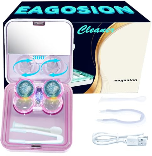Contact Lens Cleaner Machine EV Plus, Portable Physical Technology Deep Clean with LED Light Tweezer Soak Case Kit, Magnetic Cleaning Slot USB Charger for Long-Term Lens/Colored Lens/Soft Lens(Pink)