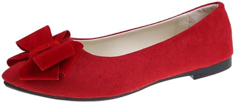 Womens Flats Shoes Summer Lightweight Suede Bow Round Toe Ballet Flats Block Heel PU Pumps Slip On Closed Toe Dress Shoes Daily Dating Commuting Loafers Red