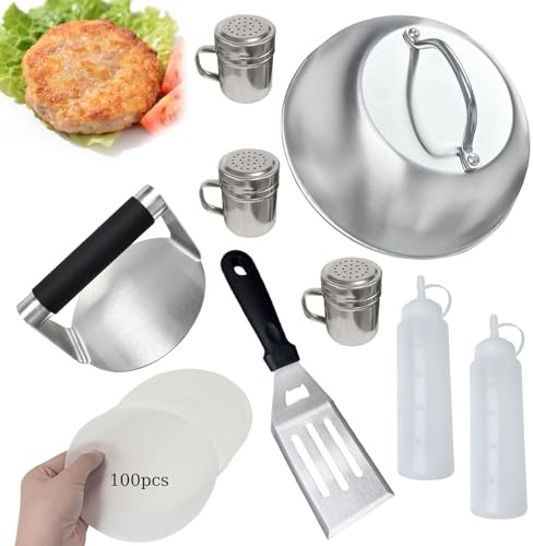 QQdou Smash Burger Kit, Burger Smasher/Press Patty Maker, Grill Spatula with Bottle Opener, Cheese Melting Dome, Spice Dredge Shaker, Squeeze Bottles, 100Wax Discs, Flat Top Grill Accessories(9Pcs)