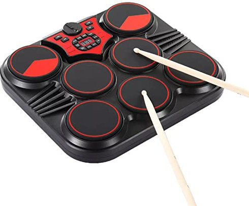 LUCKDANO Drum Set, Elektronischer Drum Set Elektrischer - mit 2 Drumsticks Foot Pedals Tabletop Electronic USB 7 Pads Tragbarer - mit Eingebauten Lautsprechern für Anfänger