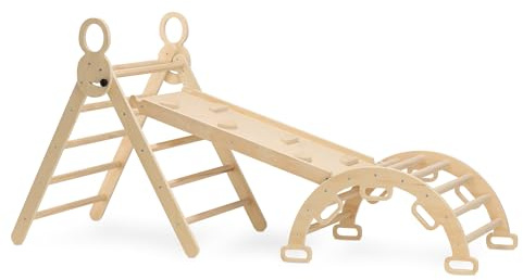 Deryan Montessori inomhusleksaker för småbarn och barn - klättervägg, 5 i 1 klättertriangel, triangel, hopfällbart klätterspeel för småbarn, träleksaker för 3–8 år, rutschkana, båge - Natur
