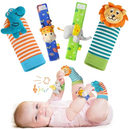 URMYWO Sonajero Bebé 0-3 Meses, 4 Muñequeras y Calcetines como Juguetes Sensoriales para Bebés Montessori, para Estimulación y Motricidad Fina, Regalo Perfecto para Recién Nacidos de 0 a 9 Meses